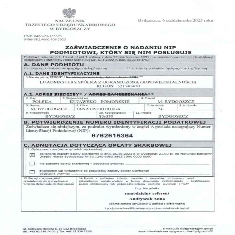 Zaświadczenie o nadaniu NIP