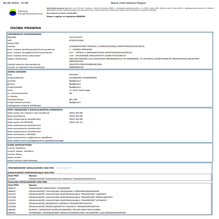 Zaświadczenie o nadaniu REGON