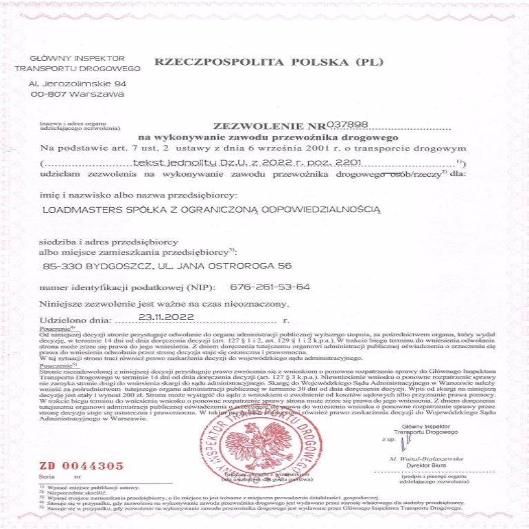 Zezwolenie na wykonywanie zawodu przewoźnika drogowego